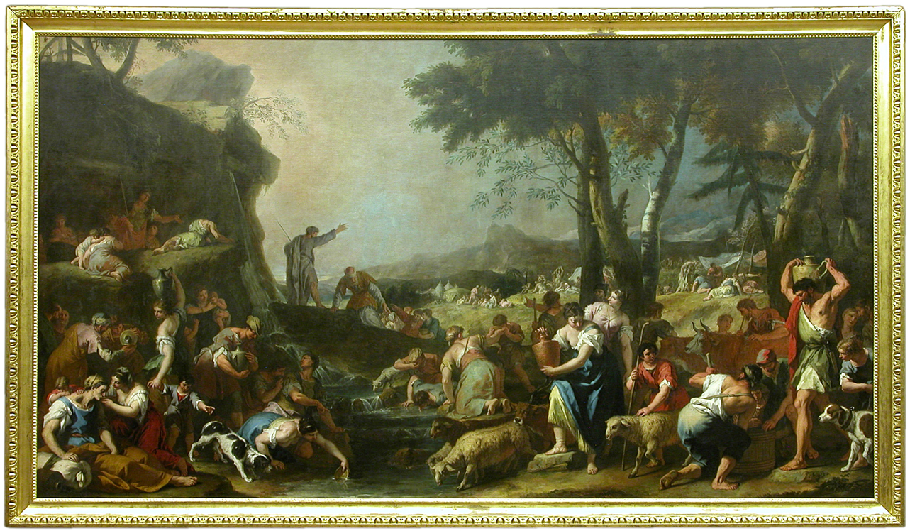 Mosè fa scaturire l'acqua dalla roccia (dipinto, opera isolata) di Ricci Sebastiano, Ricci Marco (attribuito) (secondo quarto sec. XVIII)