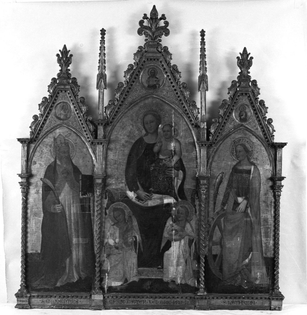 Madonna con Bambino in trono con angeli tra Santa Caterina e San Gaudenzio (dipinto, opera isolata) di Niccolò di Tommaso (seconda metà sec. XIV)