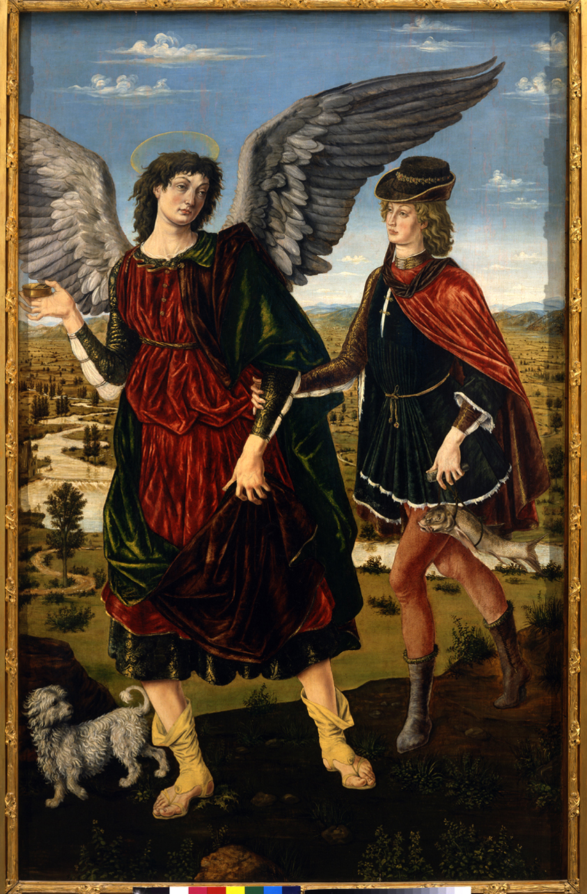 L'Arcangelo Raffaele e Tobiolo, San Raffaele arcangelo accompagna Tobia con il pesce in mano e il cane (dipinto, opera isolata) di Benci Antonio detto Antonio Pollaiolo, Benci Piero detto Piero Pollaiolo (terzo quarto sec. XV)