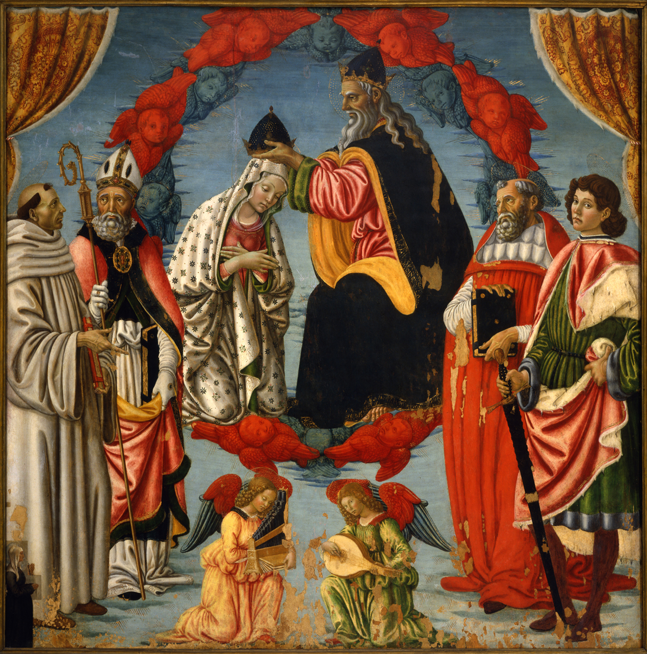 Incoronazione della Vergine, Incoronazione di Maria Vergine tra Sant'Agostino, San Bernardo, San Gerolamo, San Giuliano, due angeli musicanti e la committente (dipinto, opera isolata) di Botticini Francesco (fine sec. XV)