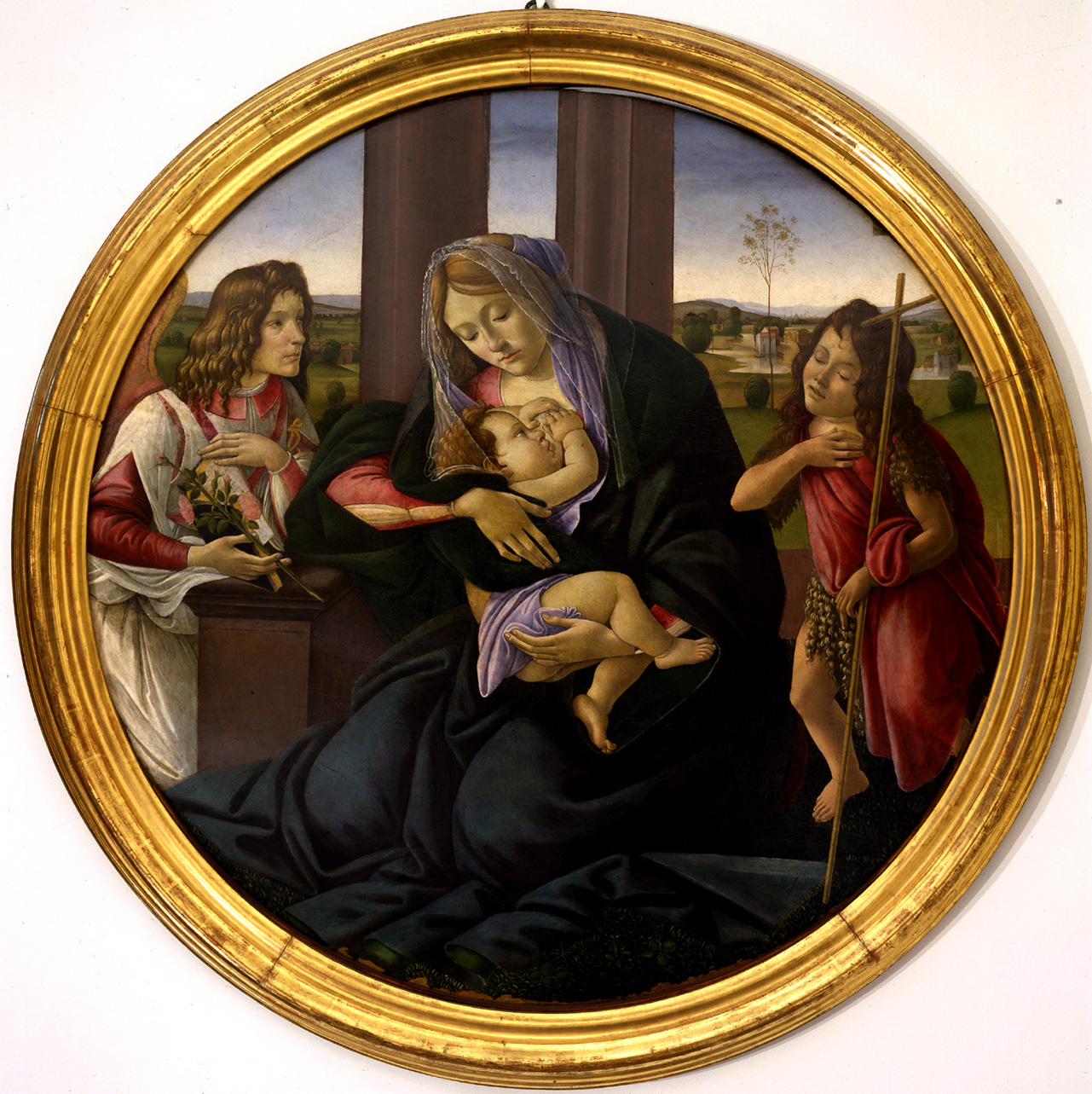 Madonna col Bambino e San Giovannino, Madonna del Latte tra un angelo e San Giovannino (dipinto, opera isolata) di Filipepi Alessandrio detto Sandro Botticelli (bottega) (fine/ inizio secc. XV-XVI)