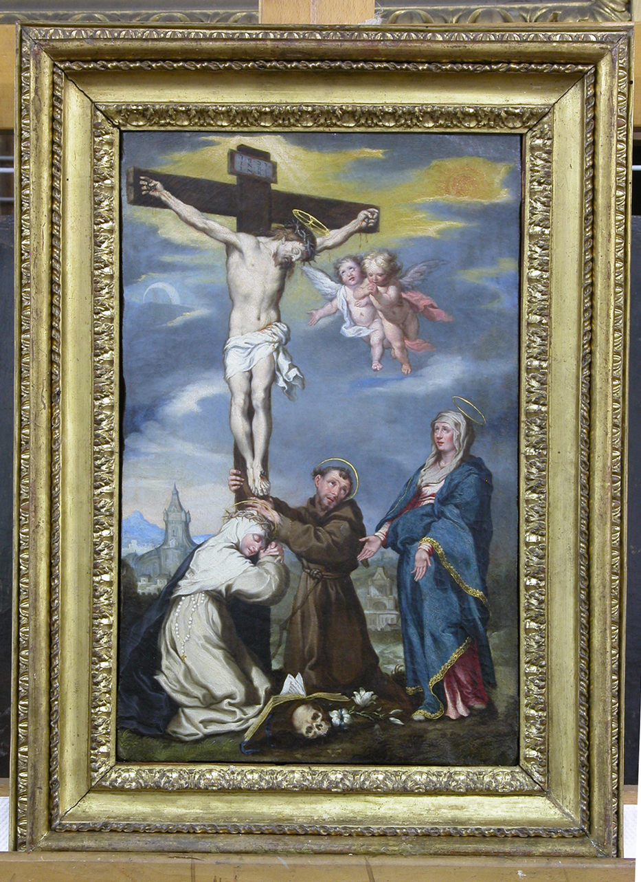 Cristo crocifisso con la Madonna San Francesco d'Assisi Santa Caterina da Siena e angeli (dipinto, opera isolata) di Vanni Francesco (ultimo quarto sec. XVI)