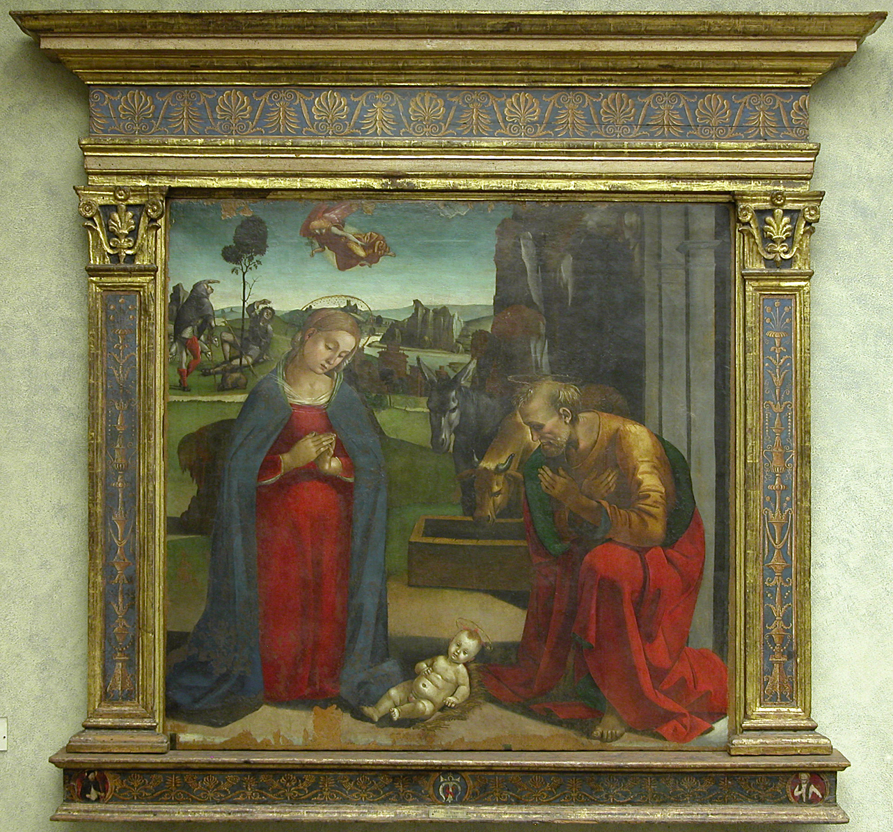 Natività, adorazione di Gesu' Bambino; annuncio ai pastori (dipinto, opera isolata) di Signorelli Luca (fine sec. XV)