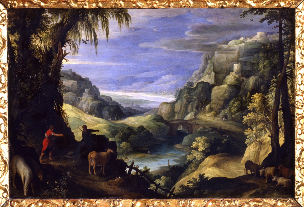 paesaggio con Mercurio e Batto (dipinto, opera isolata) di Brill Paul - ambito fiammingo (inizio sec. XVII)