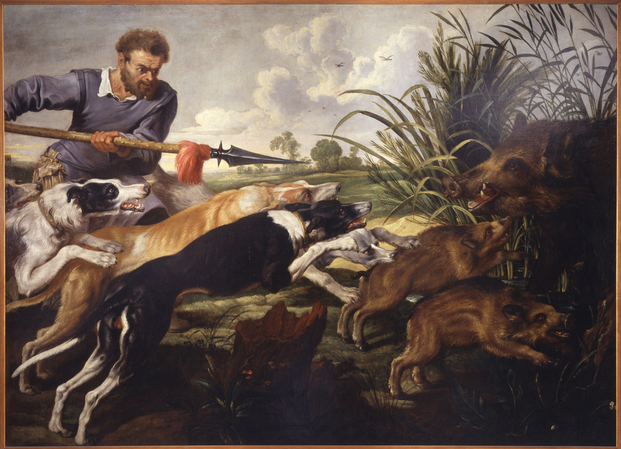 caccia al cinghiale (dipinto, opera isolata) - ambito fiammingo (primo quarto sec. XVII)