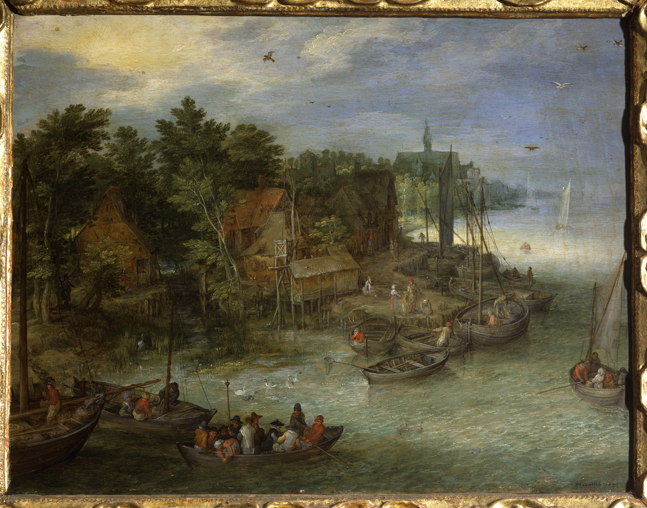 paesaggio fluviale con approdo (dipinto, opera isolata) di Brueghel Jan il Vecchio - ambito fiammingo (inizio sec. XVII)