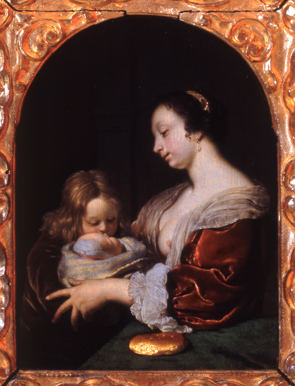 La buona madre, scena di genere (dipinto, opera isolata) di Van Mieris Franz - ambito olandese (terzo quarto sec. XVII)
