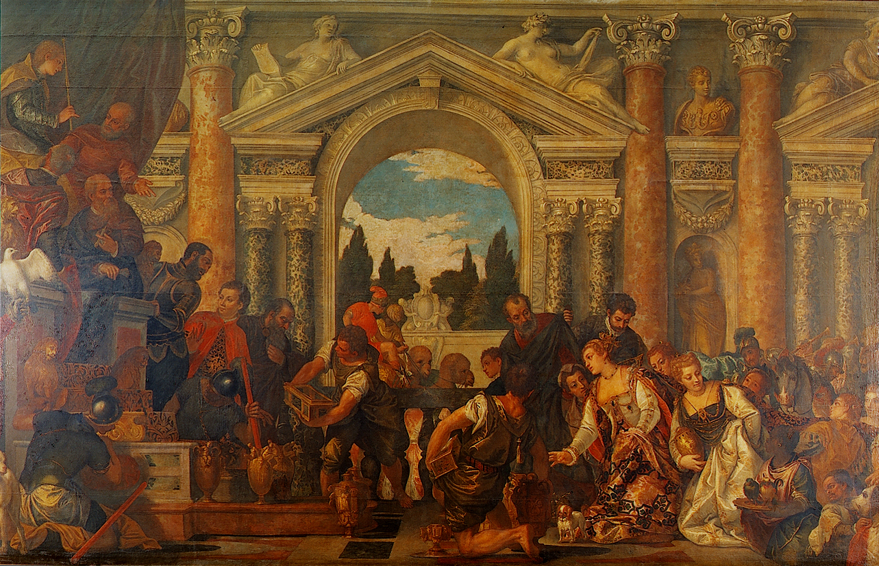 La regina di Saba offre doni a Salomone, Salomone e la Regina di Saba (dipinto, opera isolata) di Caliari Paolo detto Paolo Veronese (bottega) (ultimo quarto sec. XVI)
