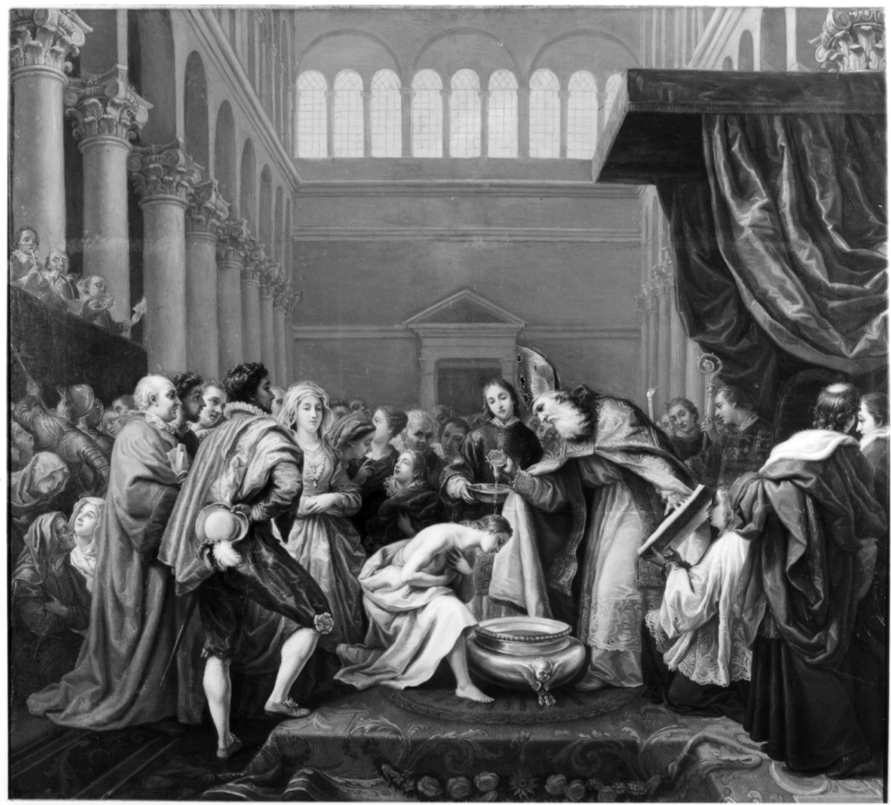 Pietro Moricone battezza Lamberto figlio del re delle Baleari (dipinto, opera isolata) di Pécheux Lorenzo (ultimo quarto sec. XVIII)