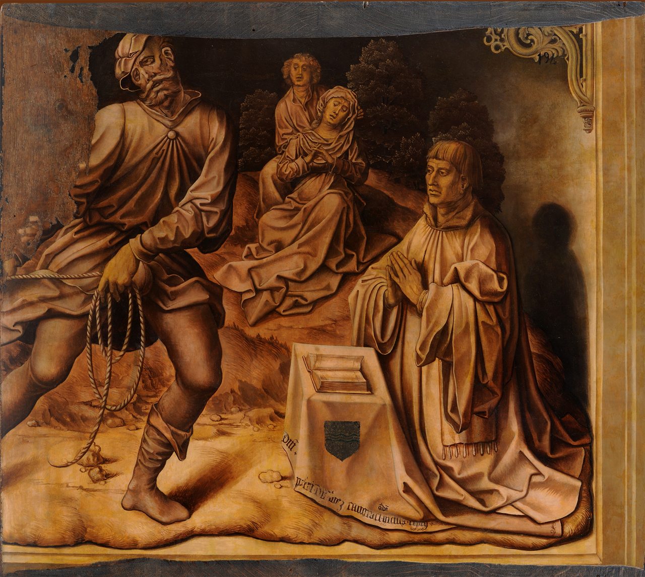 Madonna sorretta da San Giovanni durante la salita di Cristo al Calvario e donatore (dipinto, opera isolata) di van Orley Bernard - ambito fiammingo (sec. XVI)