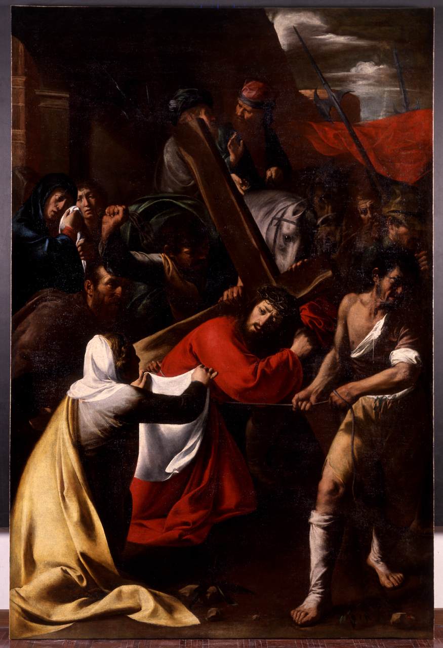 Cristo porta la croce al Calvario, Cristo incontra la Veronica, che gli asciuga il volto con un panno (dipinto, opera isolata) di Musso Nicolò (primo quarto sec. XVII)
