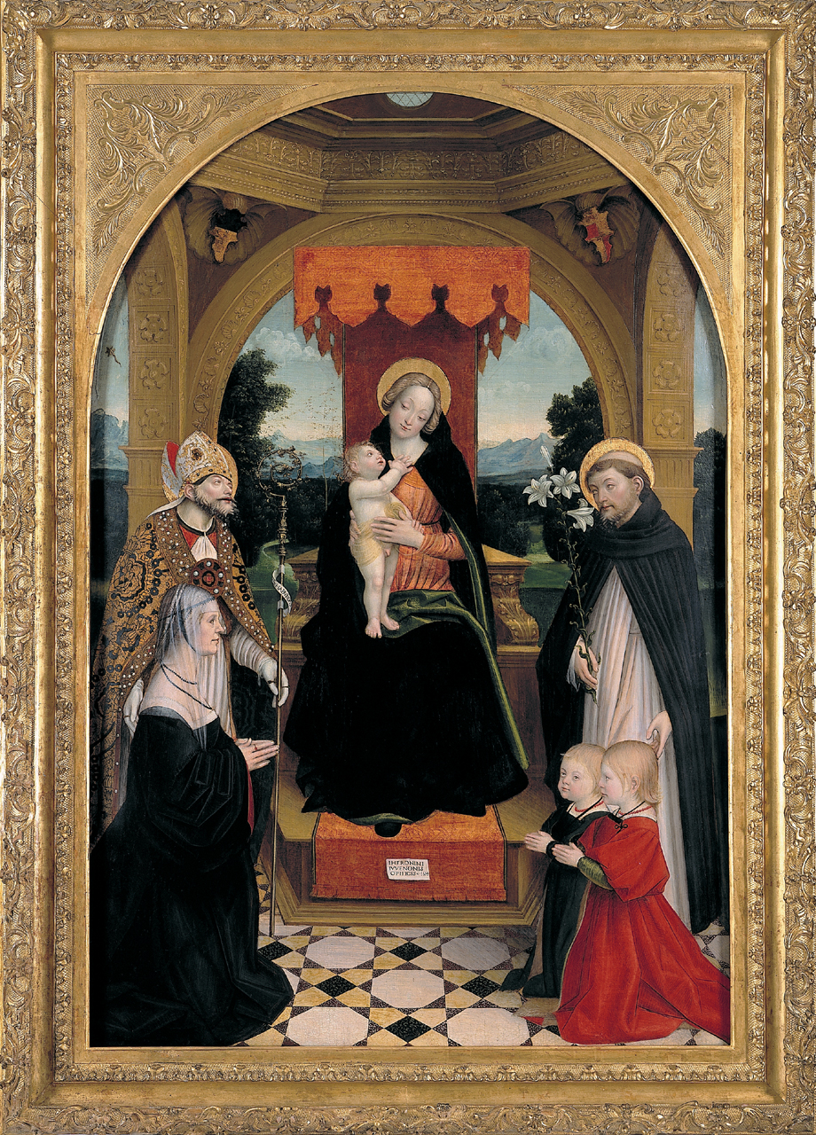Madonna in trono con Bambino, Sant'Abbondio, San Domenico con la committente Ludovica Buronzo e i figli Pietro e Gerolamo (dipinto, opera isolata) di Giovenone Gerolamo (primo quarto sec. XVI)
