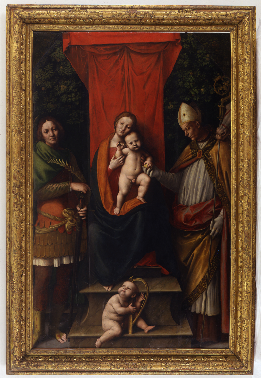 Madonna in trono con Bambino, San Bobone, Sant'Eligio Vescovo e un angelo musicante (dipinto, opera isolata) di Ferrari Gaudenzio (secondo quarto sec. XVI)