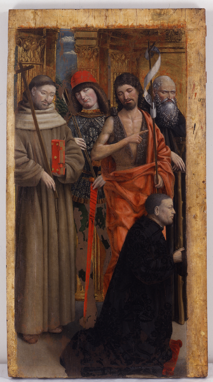 San Francesco d’Assisi, San Sebastiano, San Giovanni Battista e Sant'Antonio Abate con donatore (dipinto, opera isolata) di Spanzotti Giovanni Martino (ultimo quarto sec. XV)