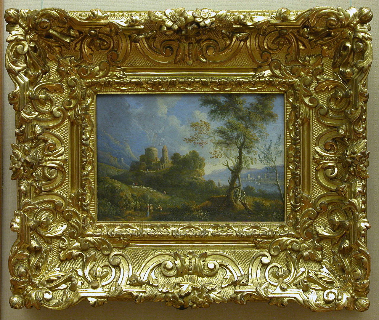 paesaggio con torrente, castello e pastori (dipinto, opera isolata) di Pasero Stefano (sec. XVII)