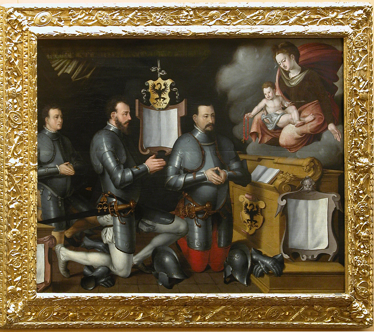 tre armati in preghiera davanti alla Vergine con il Bambino (dipinto, opera isolata) di Caracca Giovanni (attribuito) (seconda metà sec. XVI)