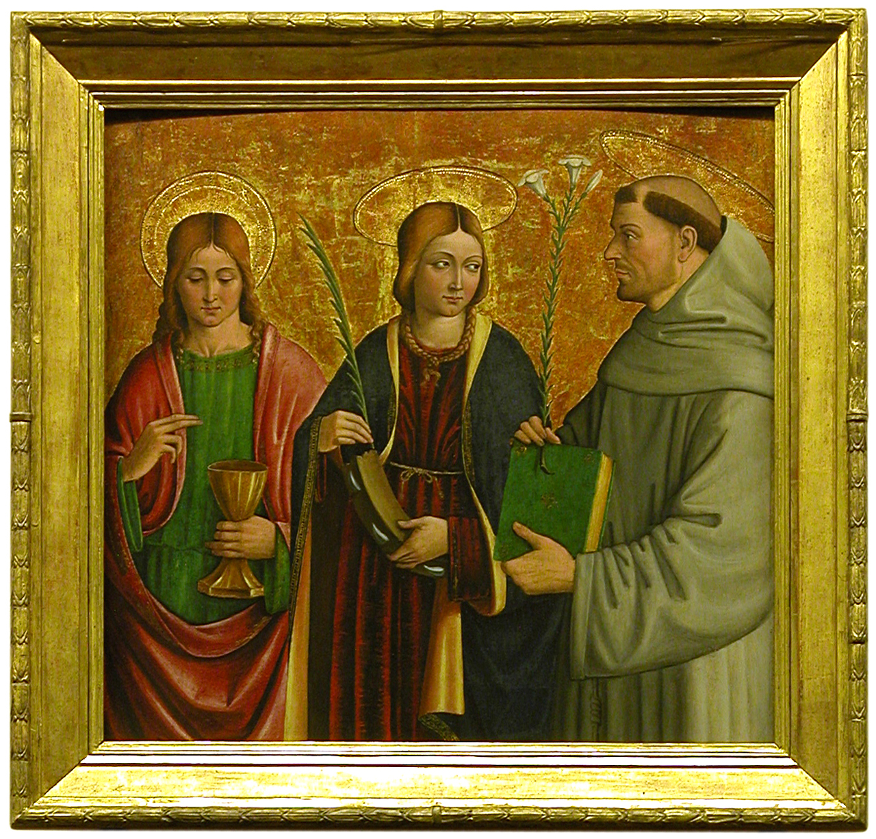 Sant'Antonio da Padova, Santa Caterina e San Giovanni Evangelista (dipinto, opera isolata) di De Alladio Giovanni Giacomo detto Macrino d'Alba (e aiuti) (inizio sec. XVI)