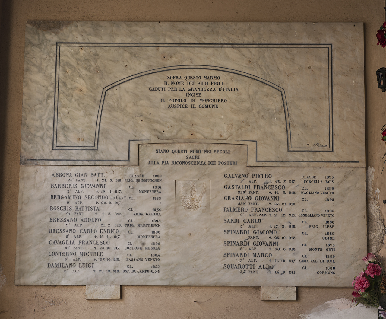 soggetto assente (lapide commemorativa ai caduti) di Biscarra Cesare (primo quarto sec. XX)