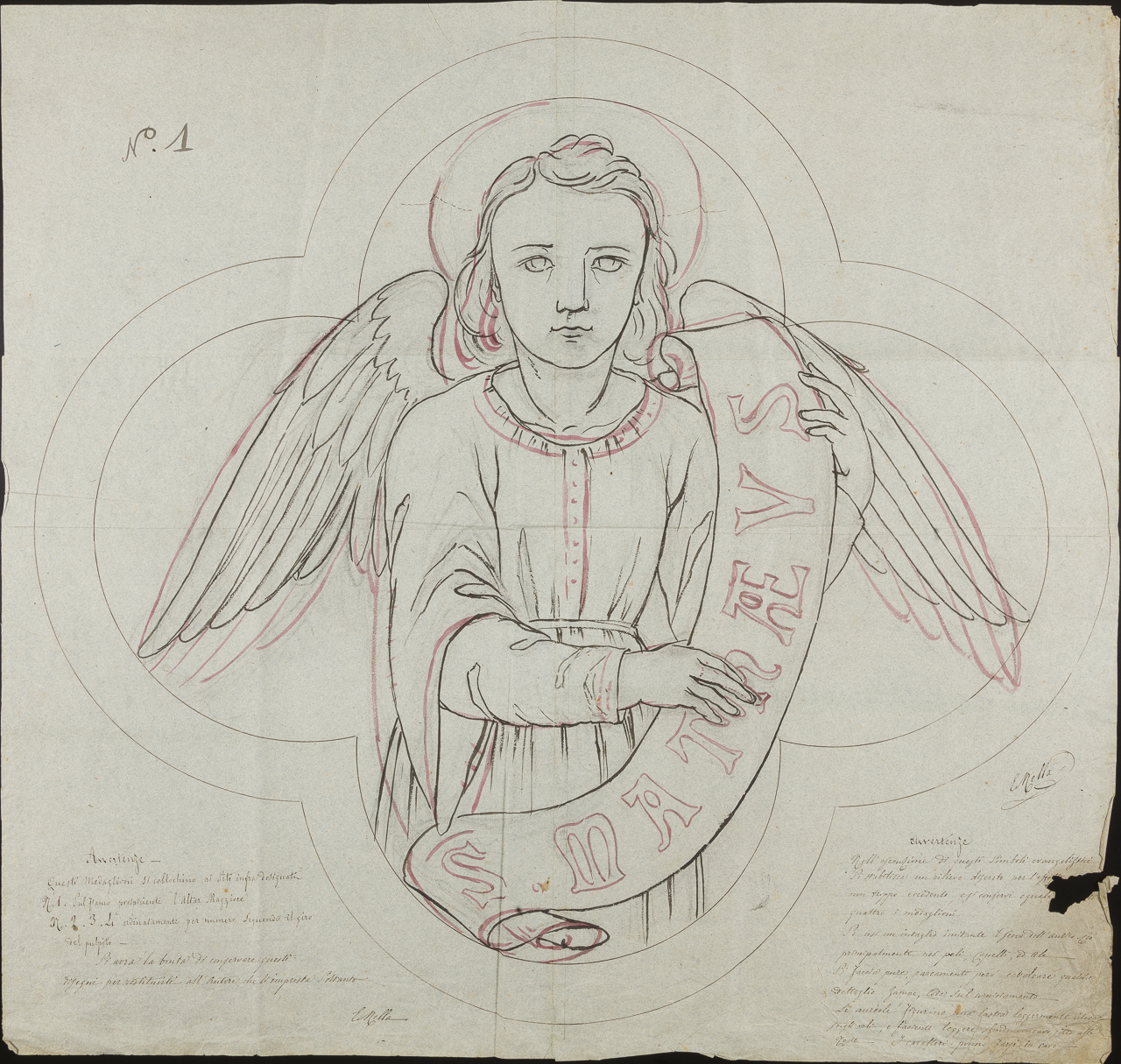 angelo con cartiglio entro medaglione quadrilobato (tetramorfo, San Matteo) (disegno, opera isolata) di Arborio Mella Edoardo (sec. XIX)
