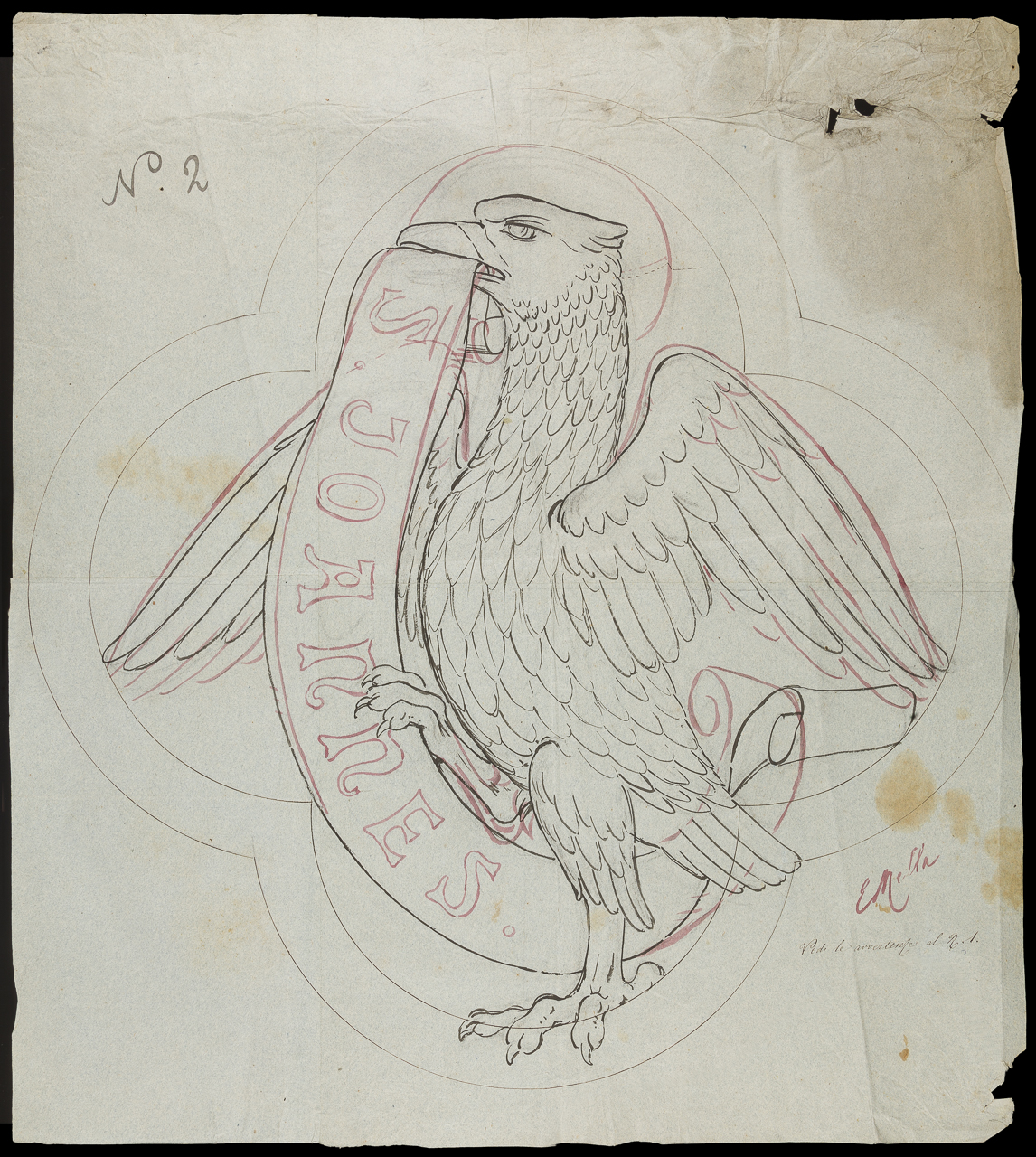 aquila con cartiglio entro medaglione quadrilobato (tetramorfo, San Giovanni Evangelista) (disegno, opera isolata) di Arborio Mella Edoardo (sec. XIX)