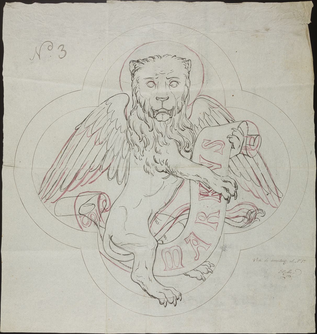 leone con cartiglio entro medaglione quadrilobato (tetramorfo, San Marco) (disegno, opera isolata) di Arborio Mella Edoardo (sec. XIX)