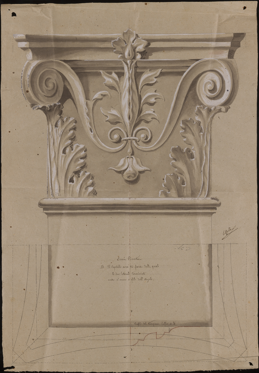 prospetto in pianta e alzato di capitello (disegno, opera isolata) di Arborio Mella Edoardo (sec. XIX)