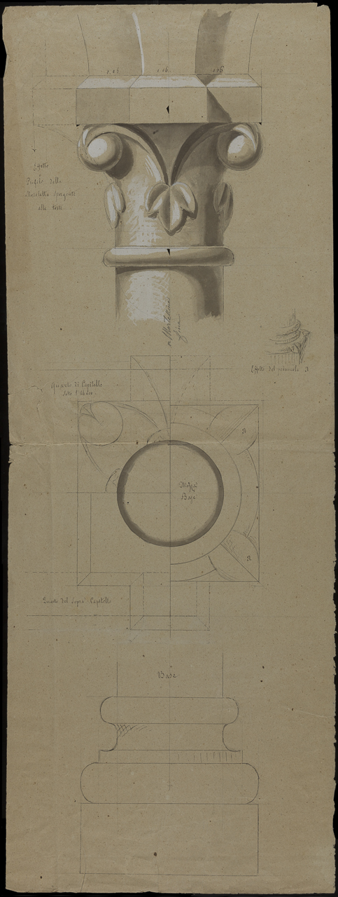 pianta e alzato di capitello a crochet e prospetto di base (disegno, opera isolata) di Arborio Mella Edoardo (attribuito) (sec. XIX)