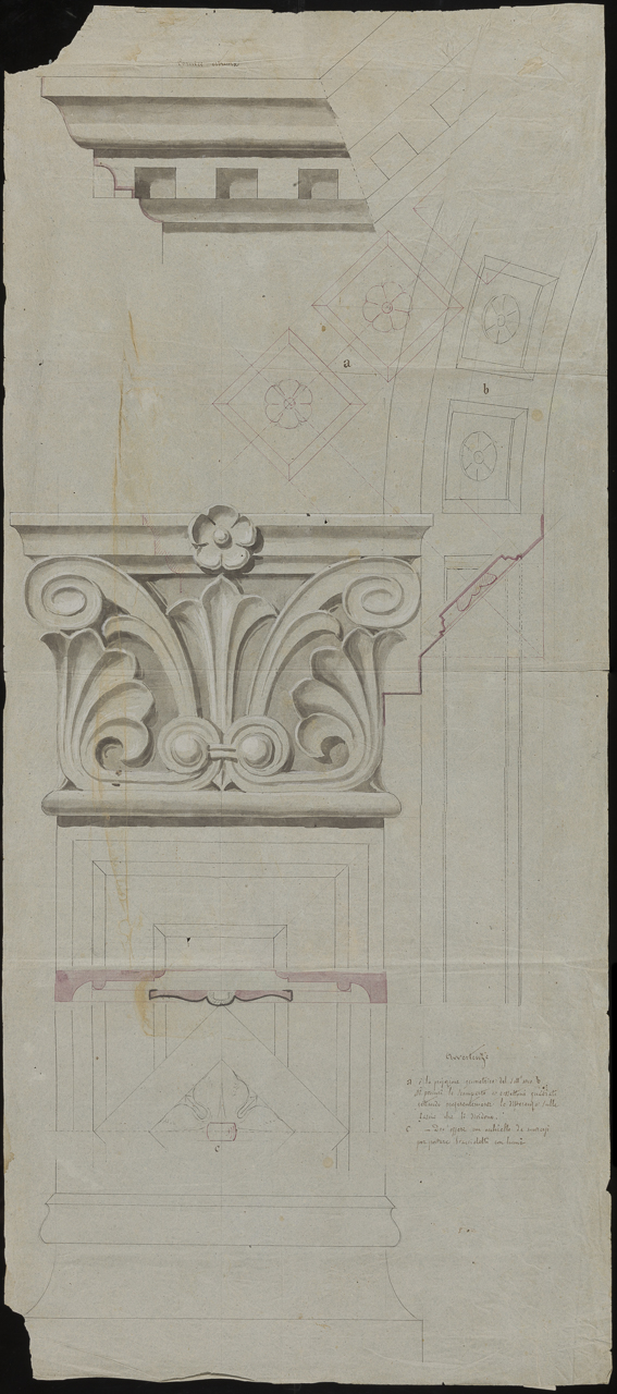 sezione di architrave e imposta d’arco, prospetto di capitello e di base (disegno, opera isolata) di Arborio Mella Edoardo (attribuito) (sec. XiX)