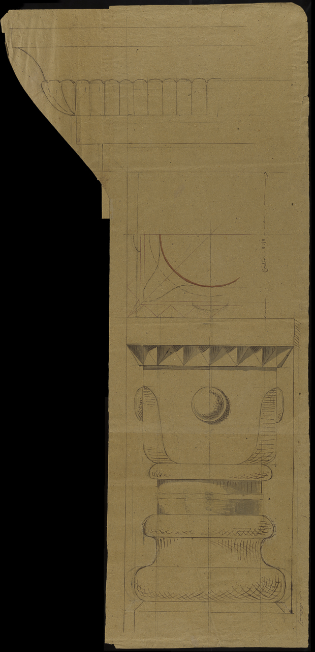 prospetto di cornice, capitello scantonato e base (disegno, opera isolata) di Arborio Mella Edoardo (sec. XIX)