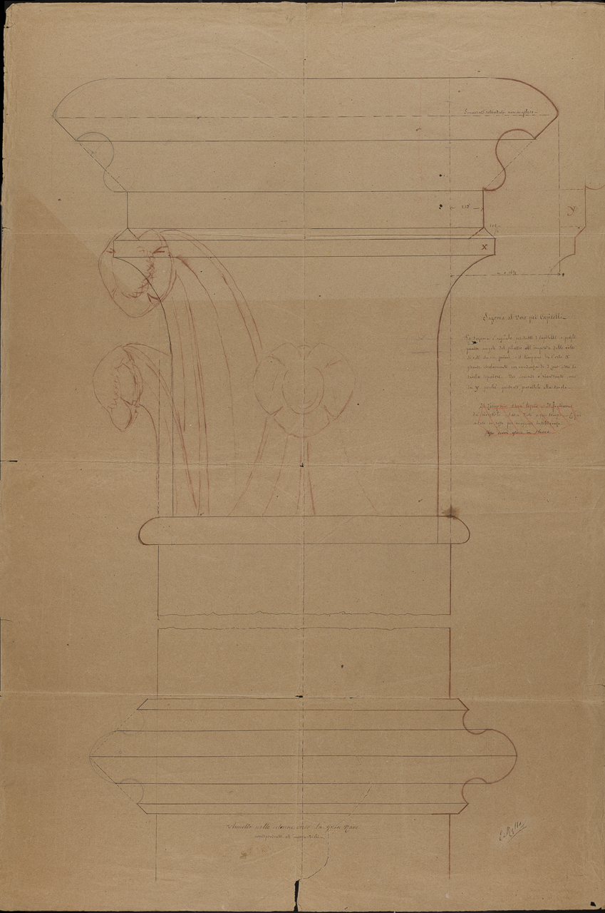 prospetto di capitello a crochet e porzione di colonna con anello (disegno, opera isolata) di Arborio Mella Edoardo (sec. XIX)
