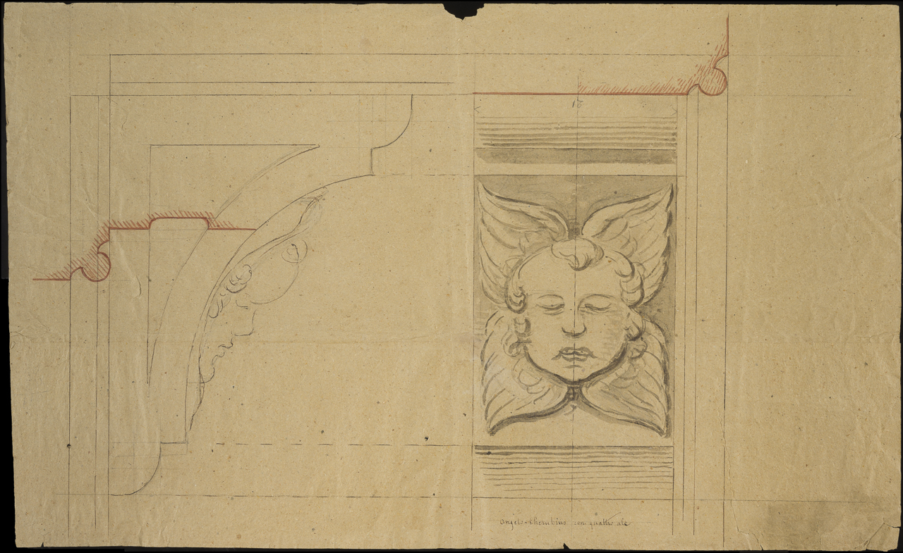 prospetto frontale e laterale di mensola figurata con testa di Cherubino (disegno, opera isolata) di Arborio Mella Edoardo (attribuito) (sec. XIX)