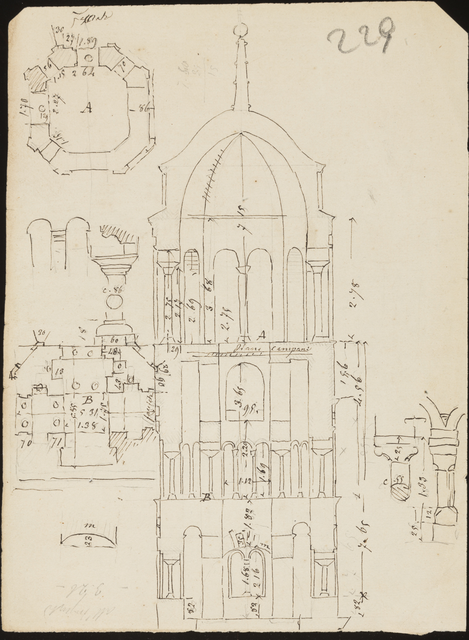 piante, sezione di campanile e studi di colonne ed arcate (disegno, opera isolata) di Arborio Mella Edoardo (attribuito) (sec. XIX)