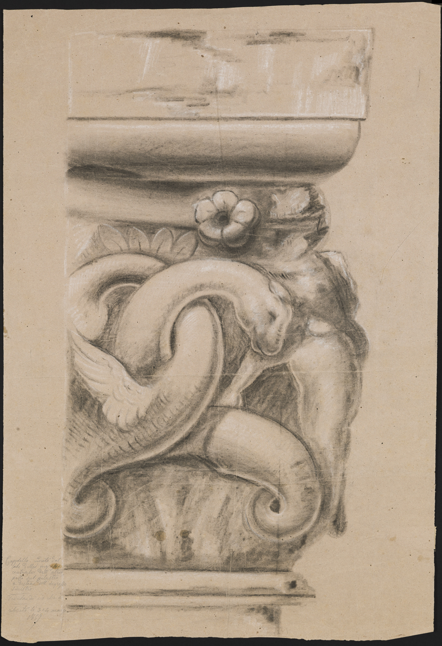 prospetto di capitello con draghi alati, foglie e figura umana acefala (disegno, opera isolata) di Isella Pietro (attribuito) (sec. XIX)