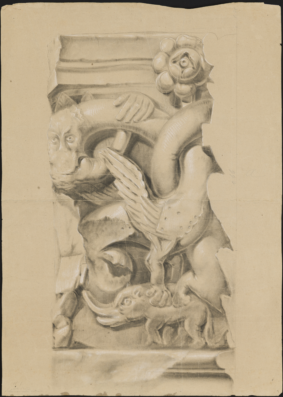 prospetto di capitello con animali fantastici (disegno, opera isolata) di Isella Pietro (attribuito) (sec. XIX)