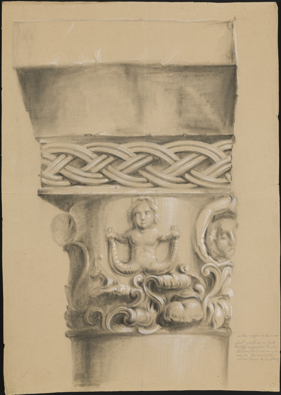 studio di un frammento di capitello figurato, con sirena e luna (disegno, opera isolata) di Isella Pietro (attribuito) (sec. XIX)