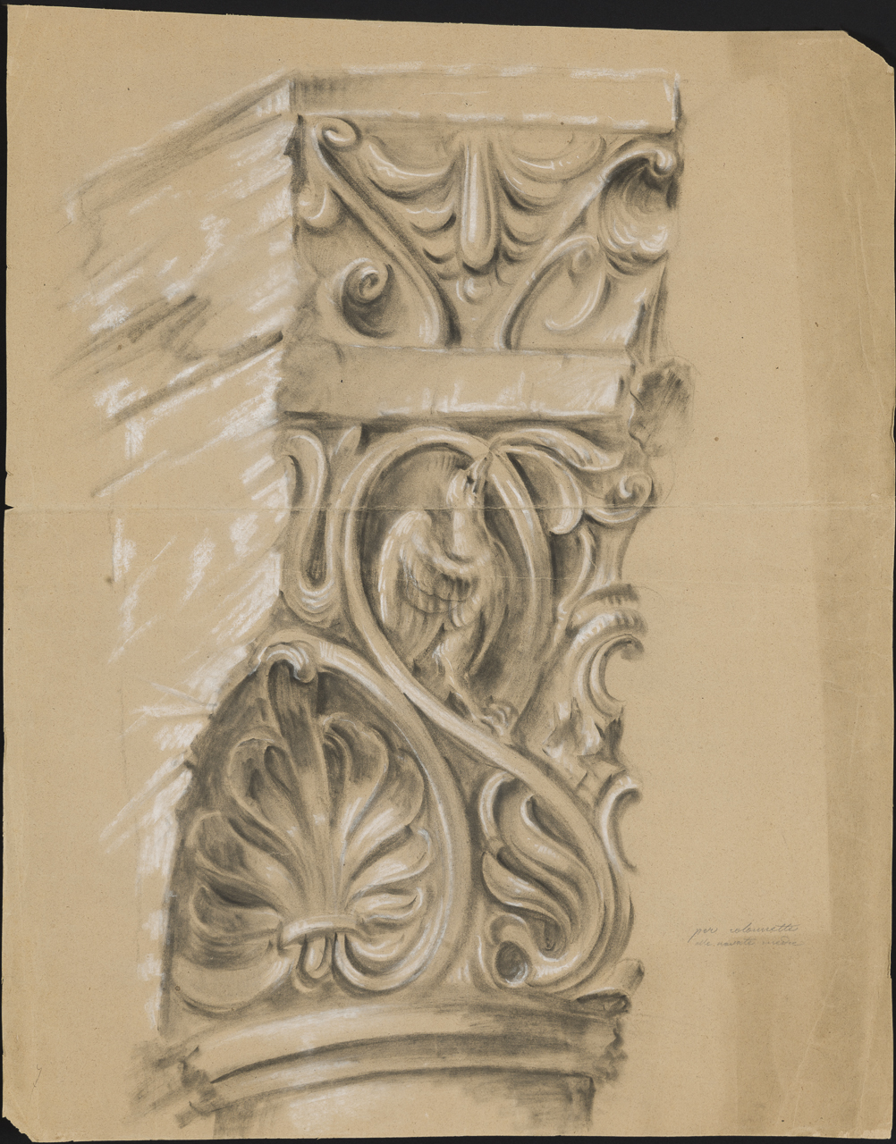 studio per frammento di capitello con fogliame e uccello (disegno, opera isolata) di Isella Pietro (attribuito) (sec. XIX)