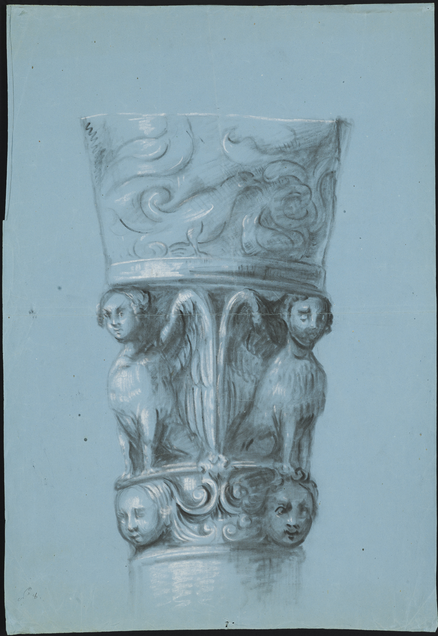 studio di prospetto di capitello con arpie, teste e uccello (disegno, opera isolata) di Isella Pietro (attribuito) (sec. XIX)