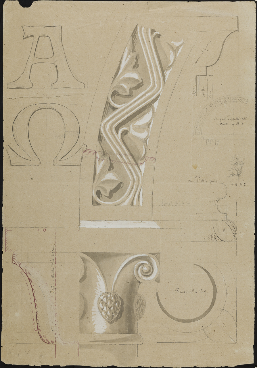 studio per lettere alfa e omega, ghiera d’arco, capitello con pigna, modanature e colonna (disegno, opera isolata) di Isella Pietro (attribuito) (sec. XIX)