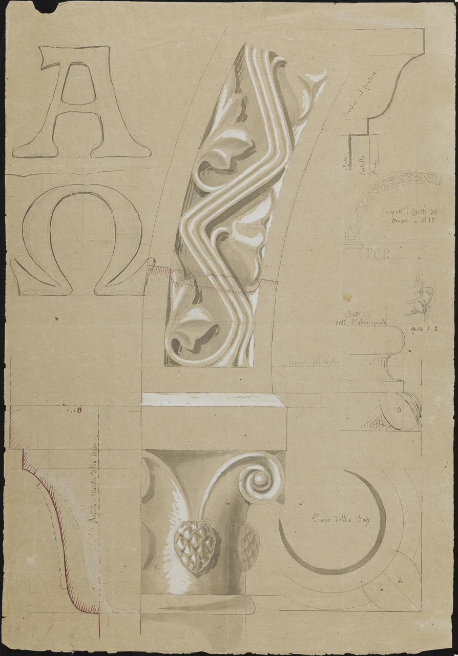 studio per lettere alfa e omega, ghiera d’arco, capitello con pigna, modanature e colonna (disegno, opera isolata) di Isella Pietro (attribuito) (sec. XIX)