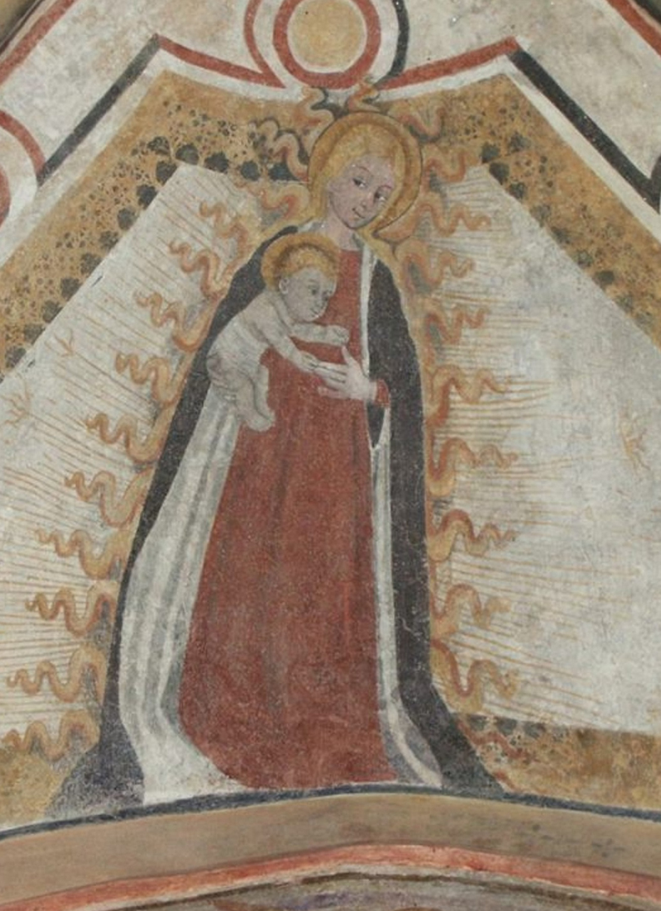 Madonna con Bambino (dipinto murale, elemento d'insieme) di Maestro di Borgiallo (attribuito) (ultimo quarto sec. XV)