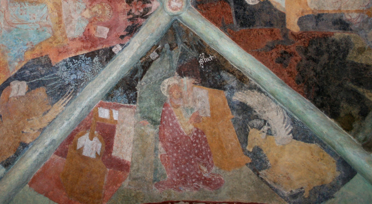 San Luca Evangelista (dipinto murale, elemento d'insieme) - ambito lombardo (terzo quarto sec. XV)