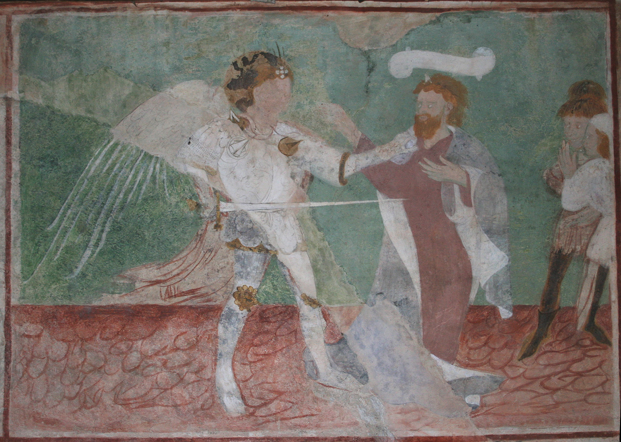 San Michele Arcangelo minaccia un uomo (dipinto murale, elemento d'insieme) - ambito lombardo (seconda metà sec. XV)