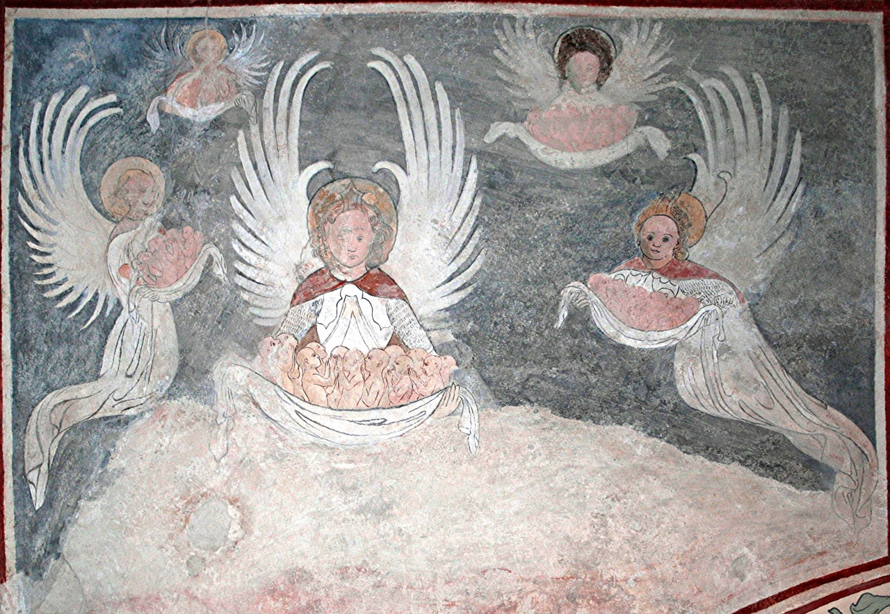 San Michele Arcangelo trasporta le anime in Paradiso (dipinto murale, elemento d'insieme) - ambito lombardo (seconda metà sec. XV)