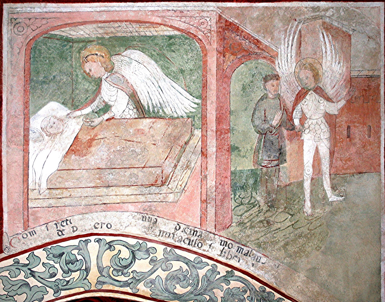 San Michele Arcangelo cura i malati e assiste i dubbiosi (dipinto murale, elemento d'insieme) - ambito lombardo (seconda metà sec. XV)