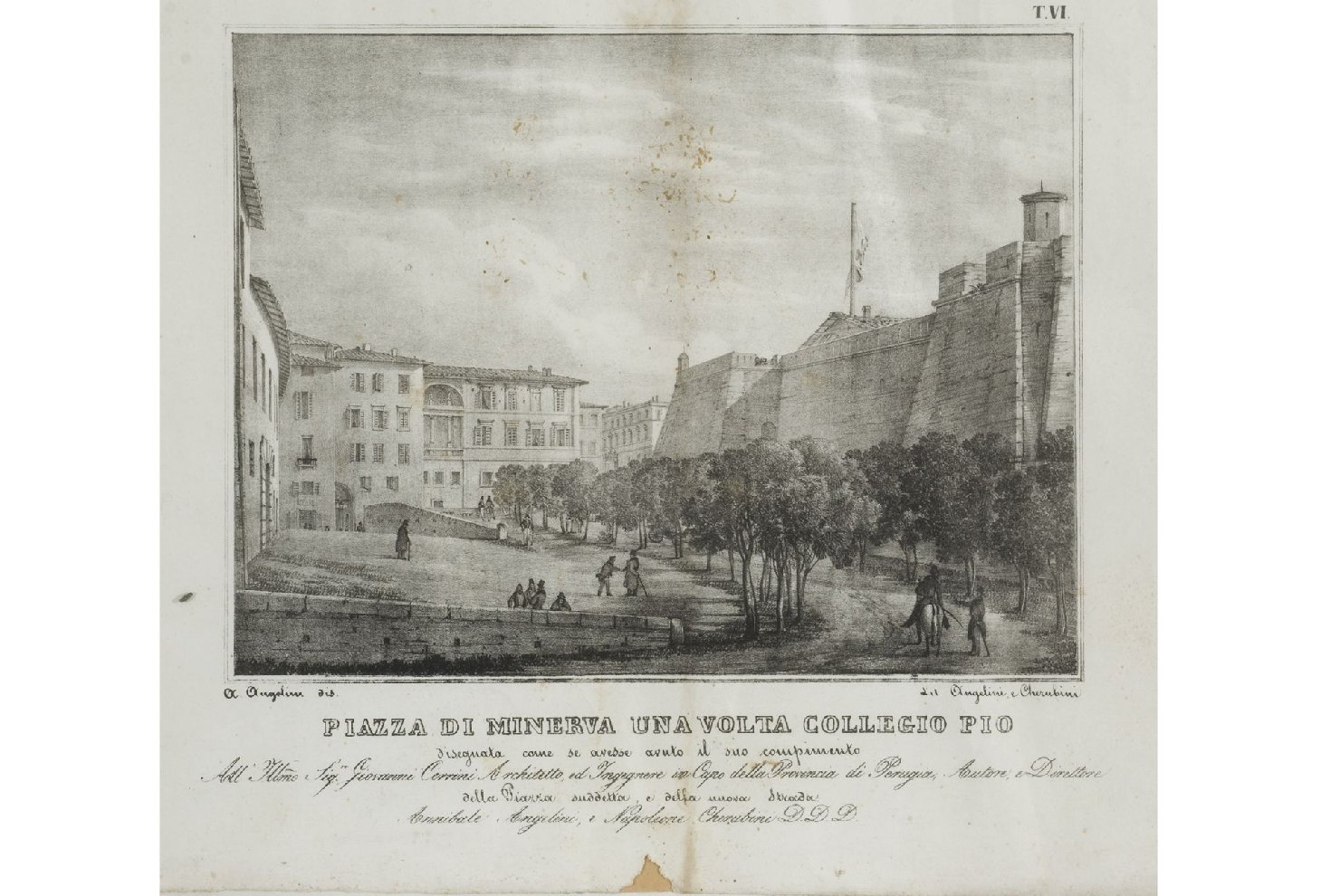 Piazza di Minerva una volta Collegio Pio, veduta di Perugia (stampa) di Cherubini Napoleone, Angelini Annibale (secc. XIX/ XX)