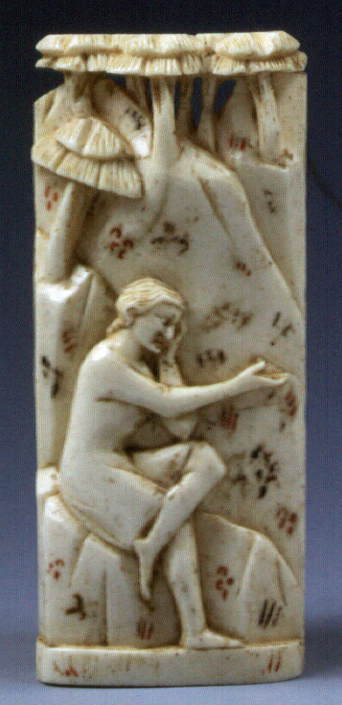 figura femminile seduta (placchetta, elemento d'insieme) di Bottega degli Embriachi (attribuito) (prima metà sec. XV)