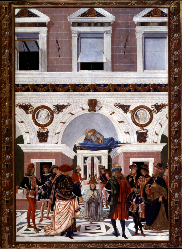 San Bernardino restituisce la vista ad un cieco (dipinto, elemento d'insieme) di Pinturicchio (attribuito) (seconda metà sec. XV)