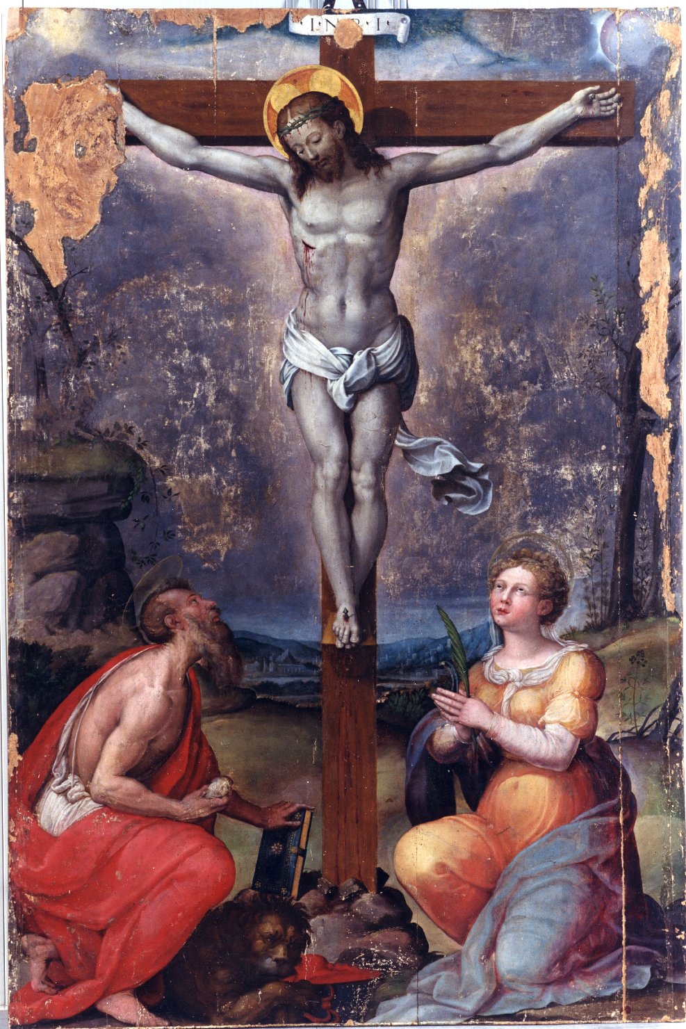 Cristo crocifisso e Santi (dipinto, opera isolata) di Alfani Orazio di Domenico (sec. XVI)