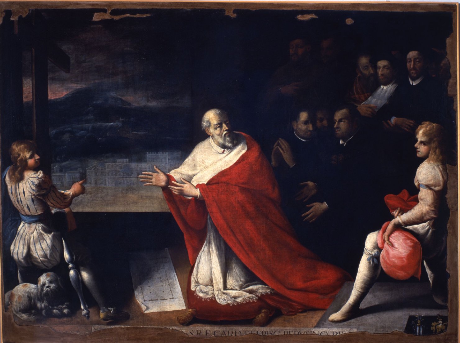 il cardinale Fulvio della Corgna presenta ai Gesuiti il modello della loro chiesa in Perugia (dipinto, opera isolata) di Malombra Pietro (attribuito) (secc. XVI/ XVII)