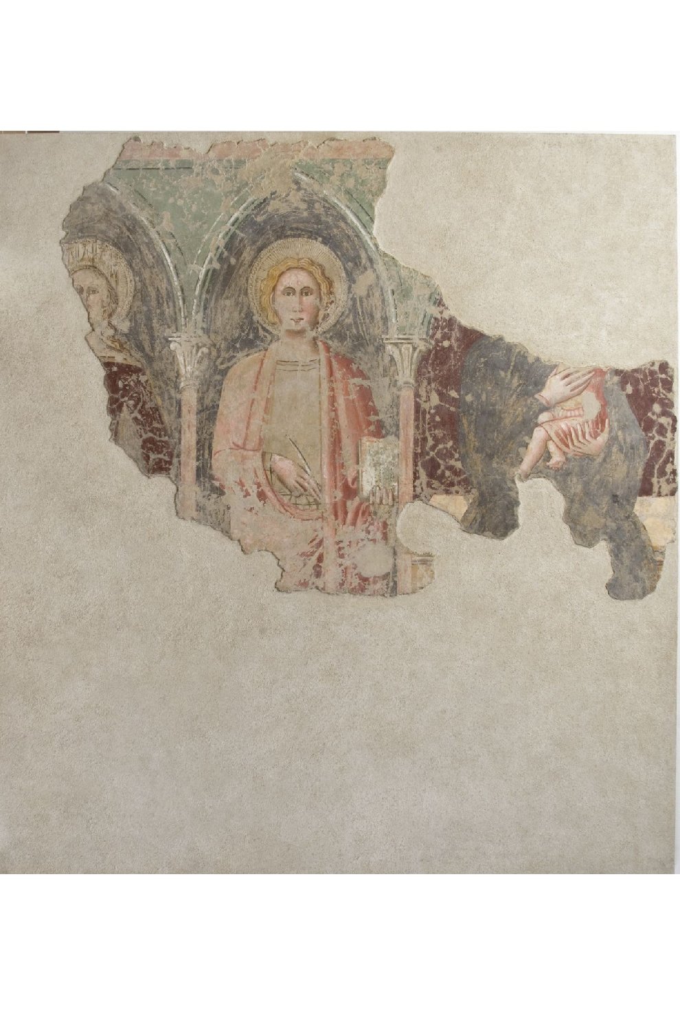 Madonna con Bambino, Santa Elisabetta d'Ungheria e San Giovanni Evangelista (dipinto murale staccato, frammento) di Maestro ironico (prima metà sec. XIV)